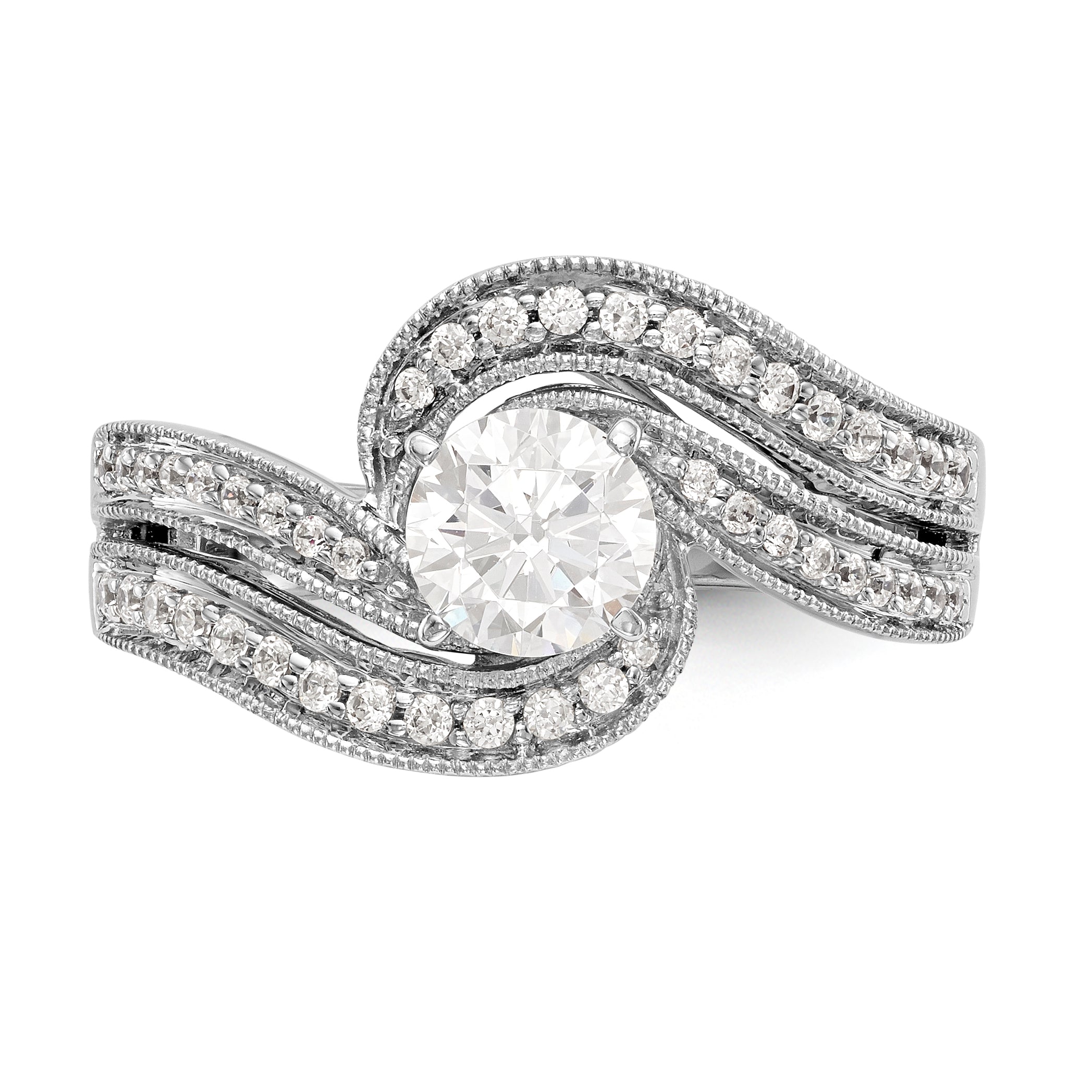 Verlobungsring in Bypass-Design aus 14K Weißgold mit Krappenfassung und simuliertem Diamanten