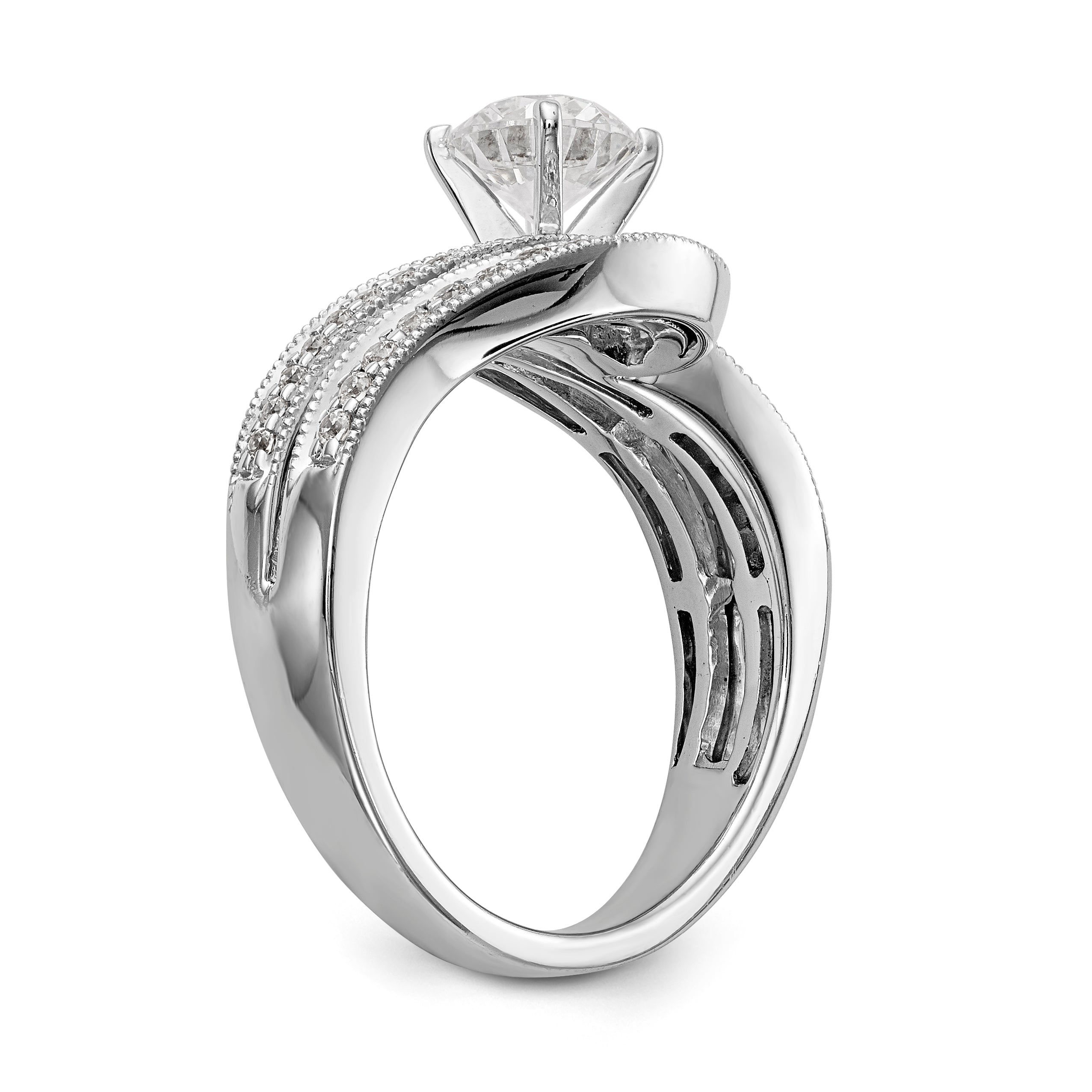 Verlobungsring in Bypass-Design aus 14K Weißgold mit Krappenfassung und simuliertem Diamanten