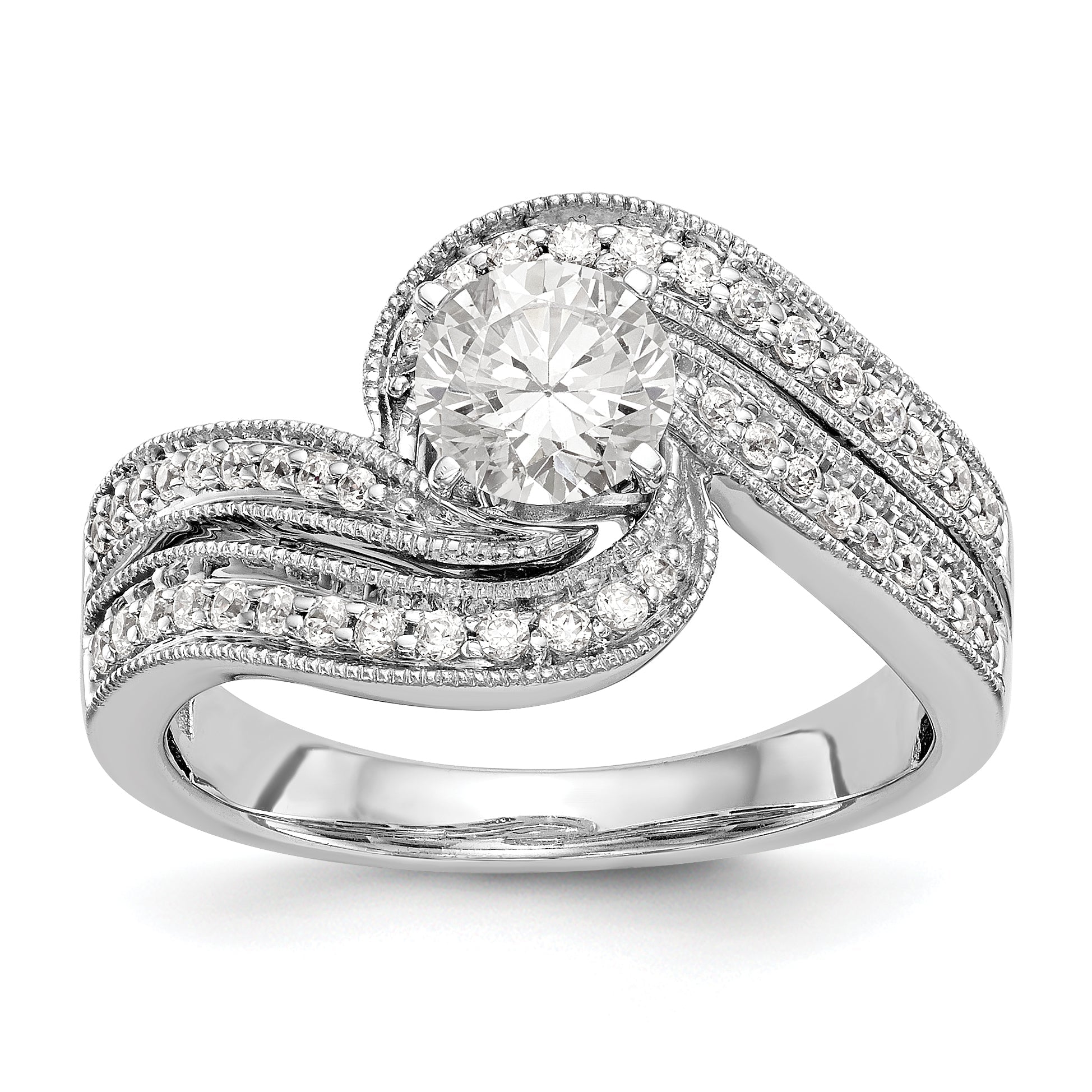 Verlobungsring in Bypass-Design aus 14K Weißgold mit Krappenfassung und simuliertem Diamanten