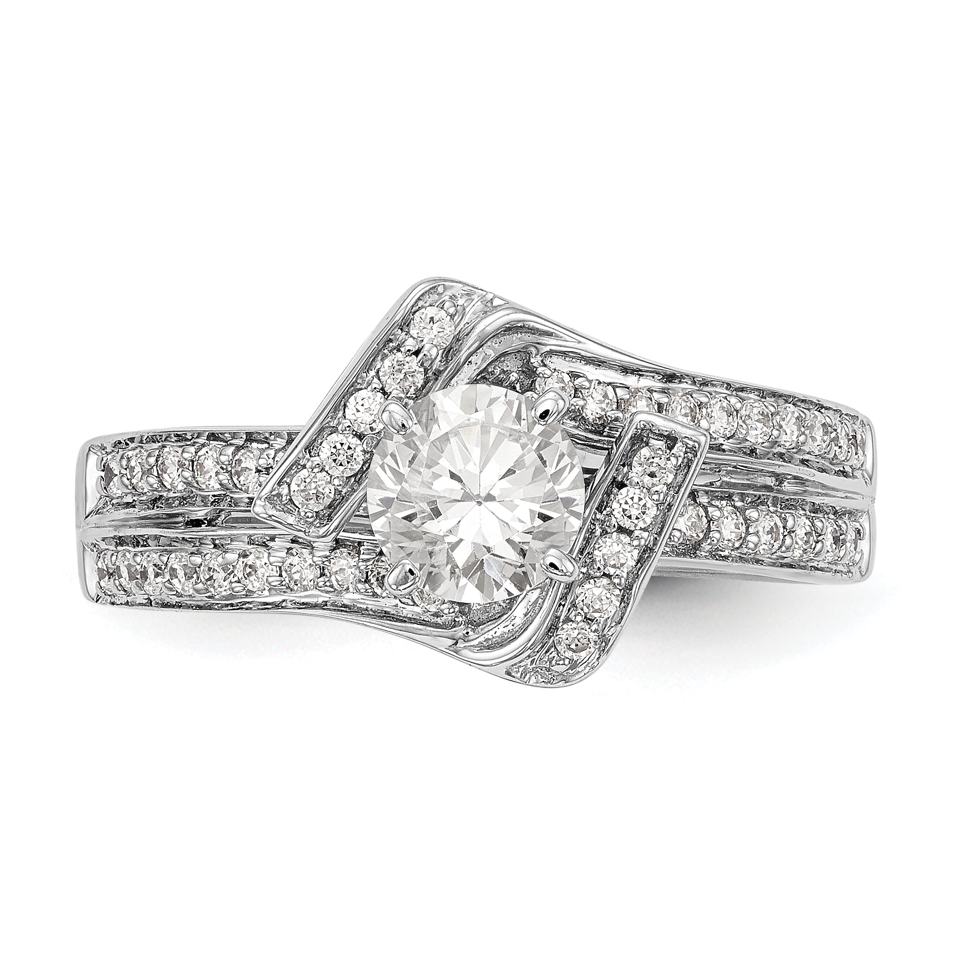 14K Weißgold Verlobungsring mit simuliertem Diamant in Krappenfassung, Bypass-Design