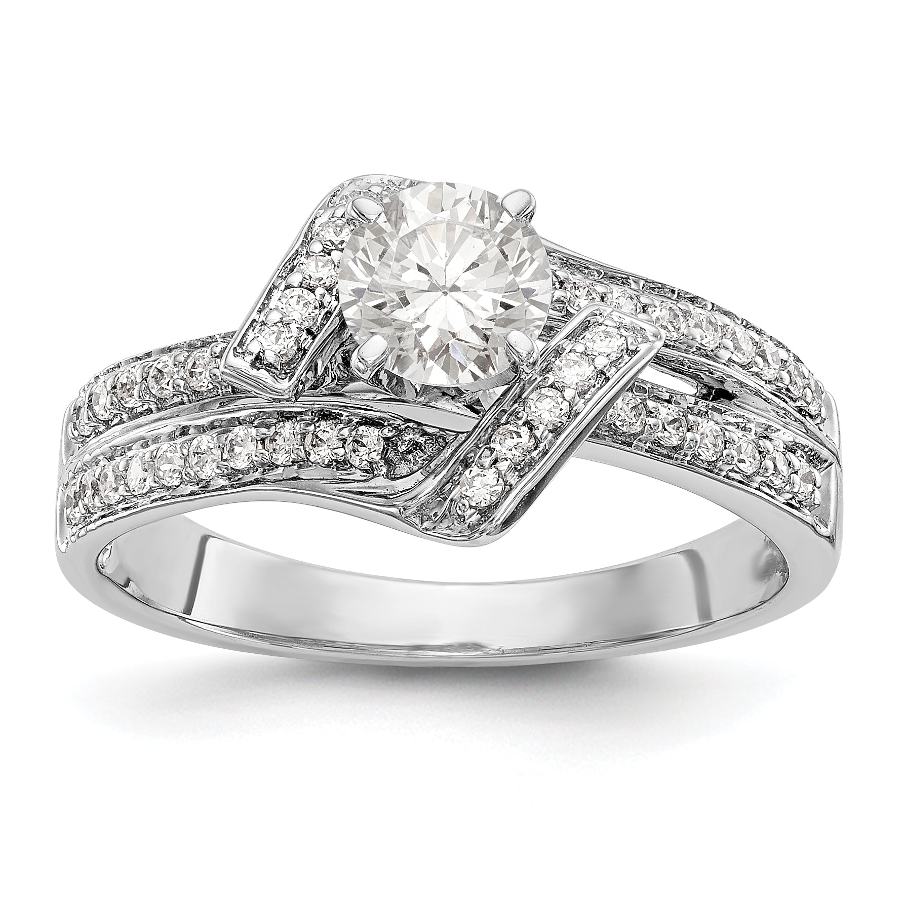 14K Weißgold Verlobungsring mit simuliertem Diamant in Krappenfassung, Bypass-Design