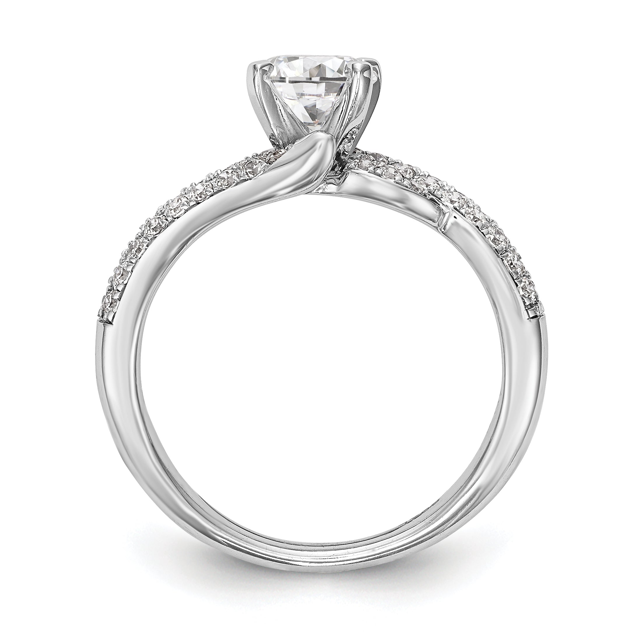 Verlobungsring „Überkreuz" aus 14K Weißgold mit Krappenfassung und simuliertem Diamanten