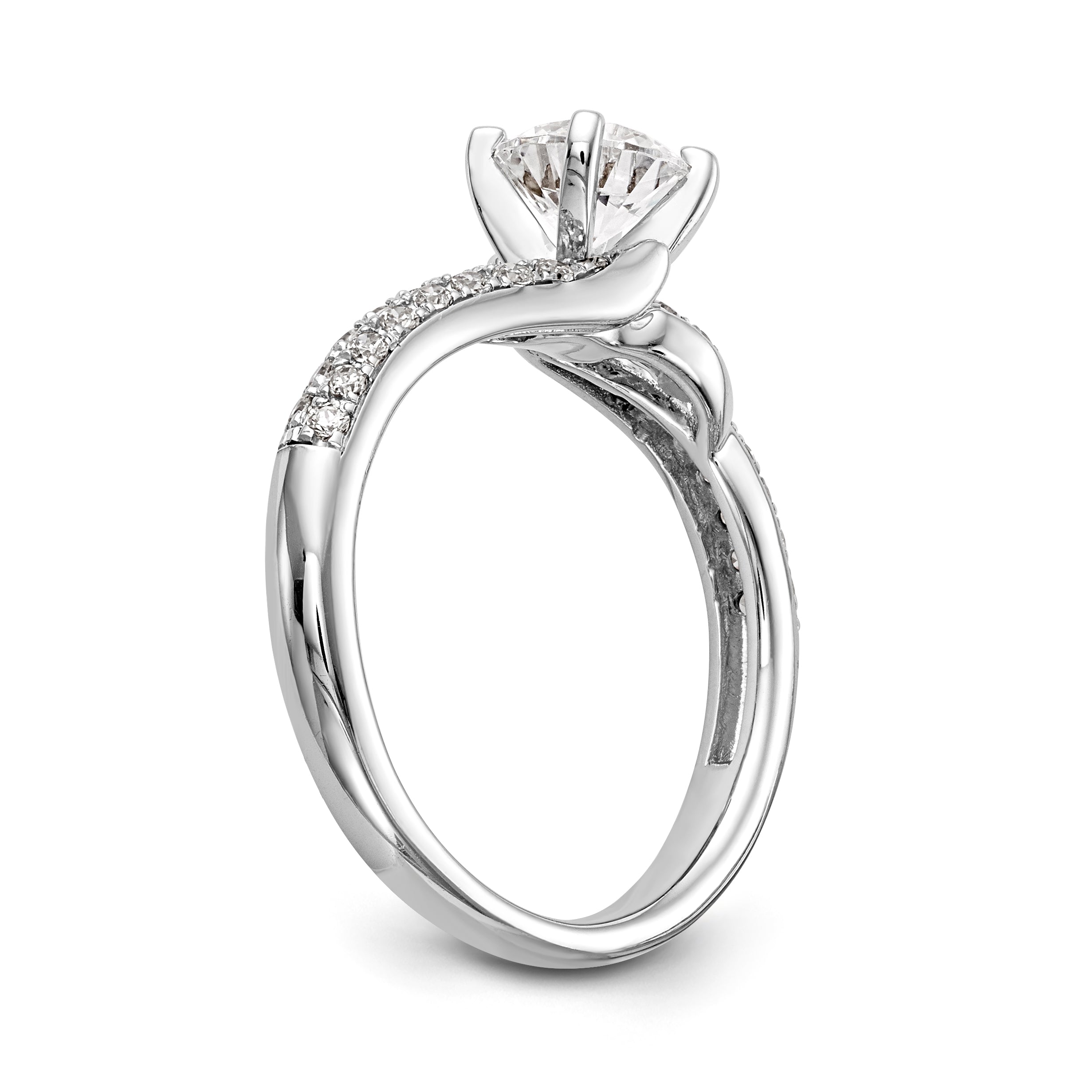 Verlobungsring „Überkreuz" aus 14K Weißgold mit Krappenfassung und simuliertem Diamanten