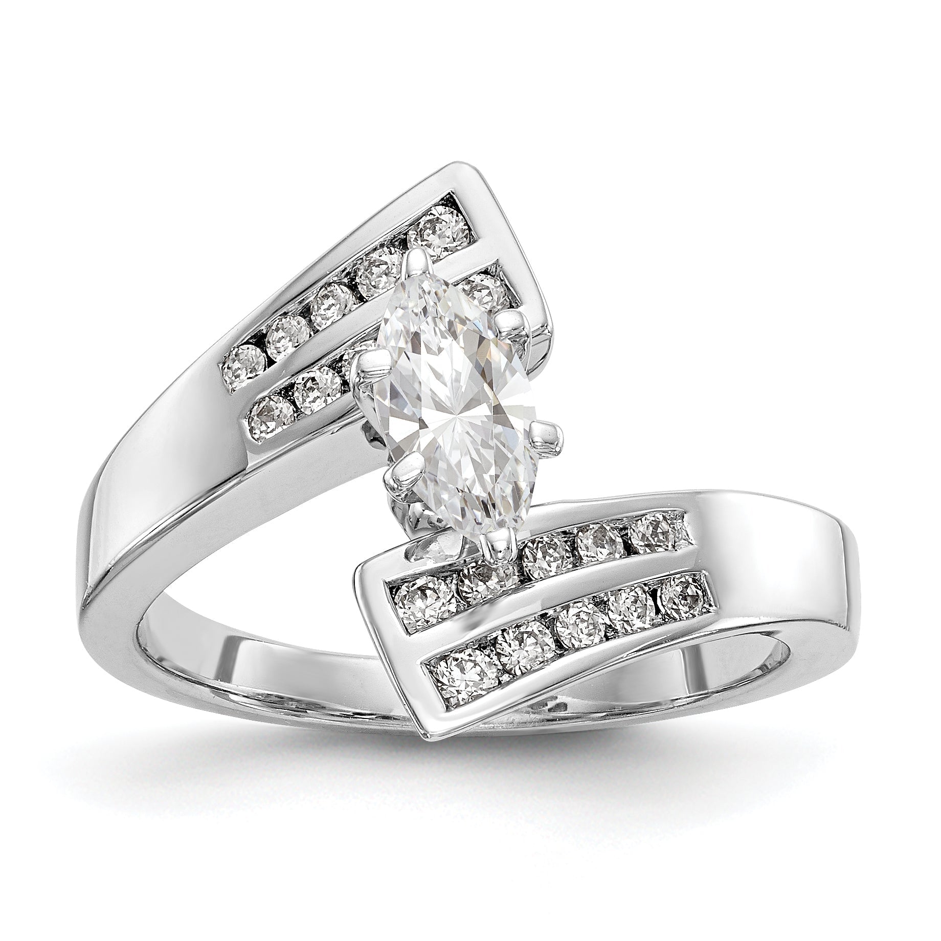 14K Weißgold Verlobungsring im Bypass-Design mit Krappenfassung und simulierten Diamanten