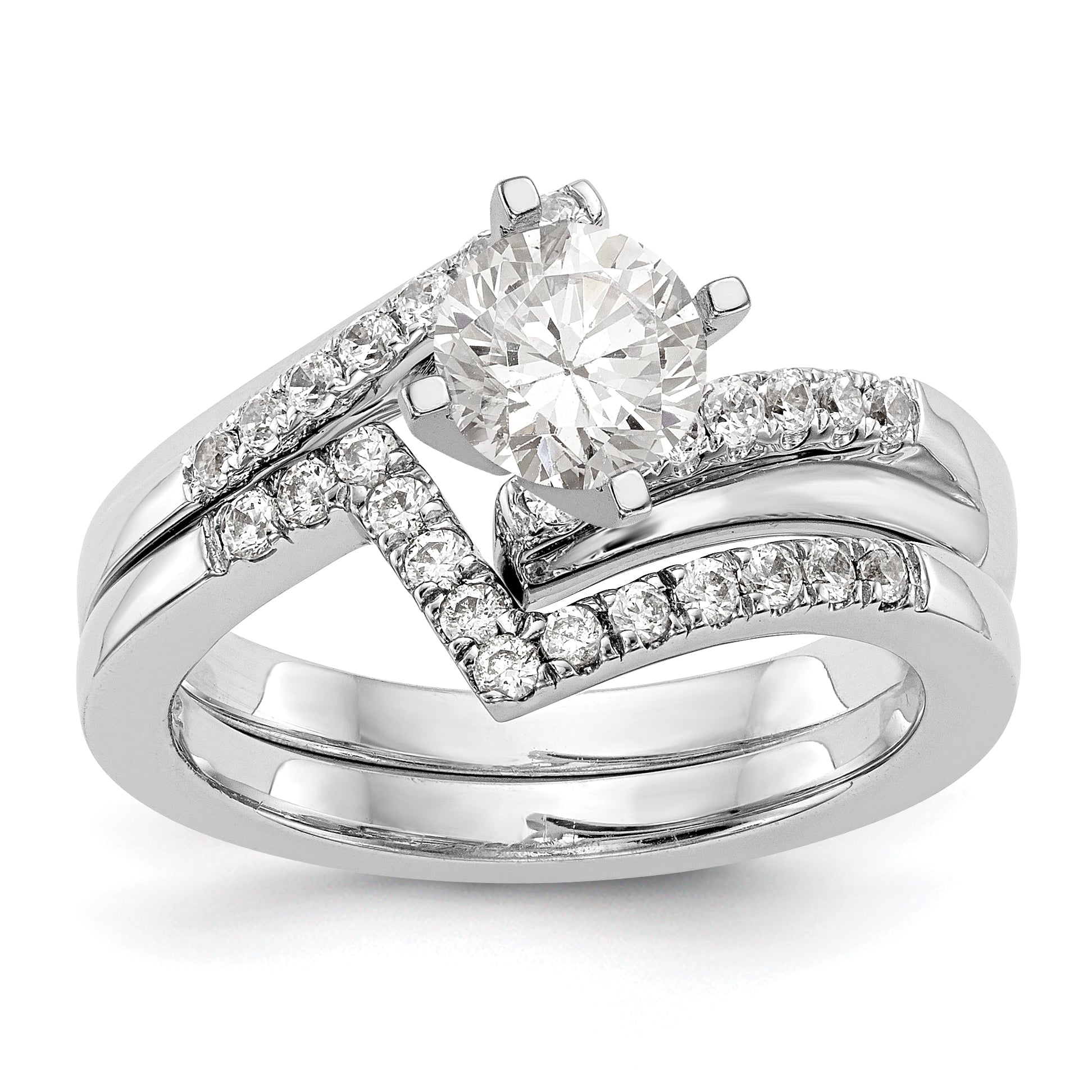 Verlobungsring aus 14K Weißgold mit Krappenfassung und simuliertem Diamanten im Bypass-Design