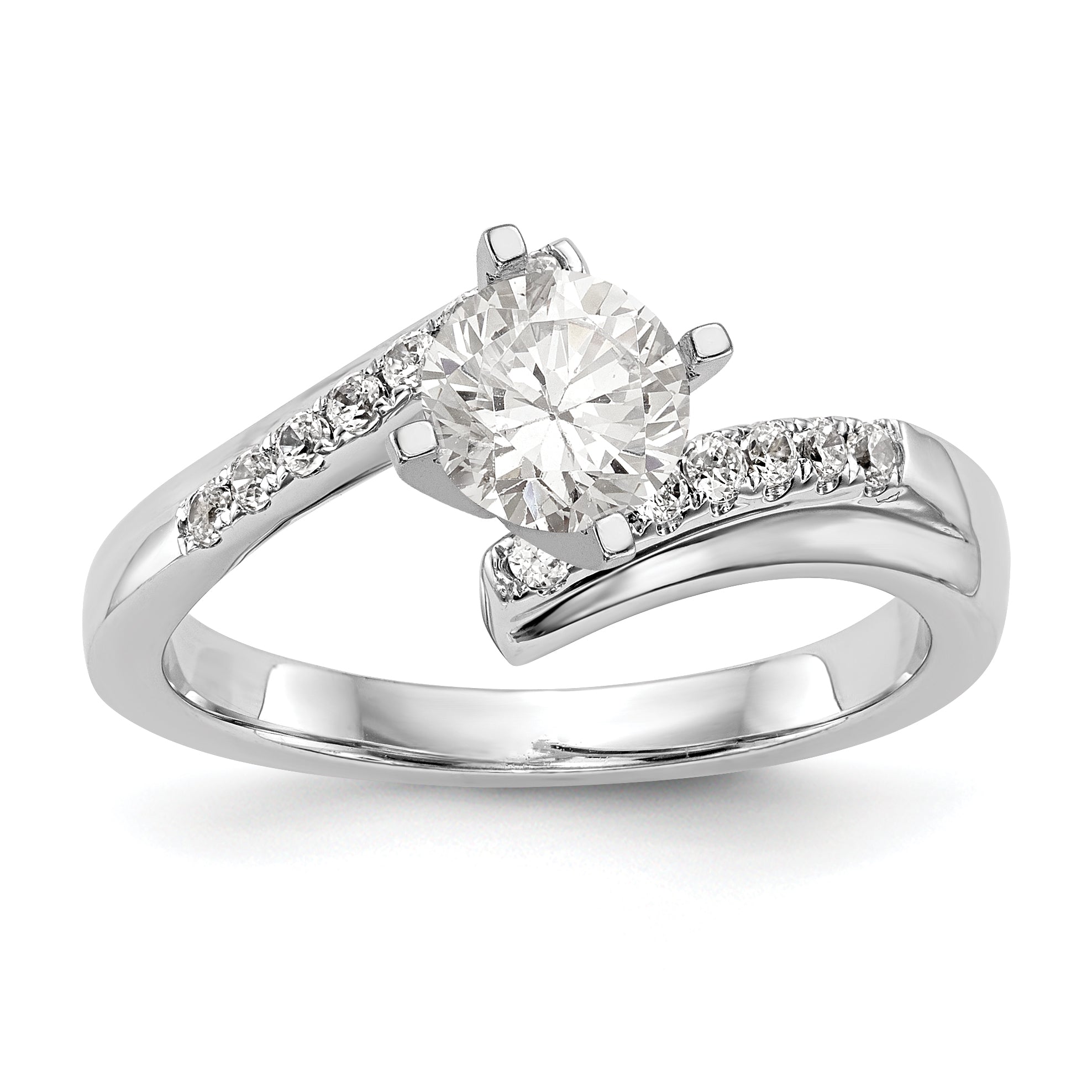 Verlobungsring aus 14K Weißgold mit Krappenfassung und simuliertem Diamanten im Bypass-Design