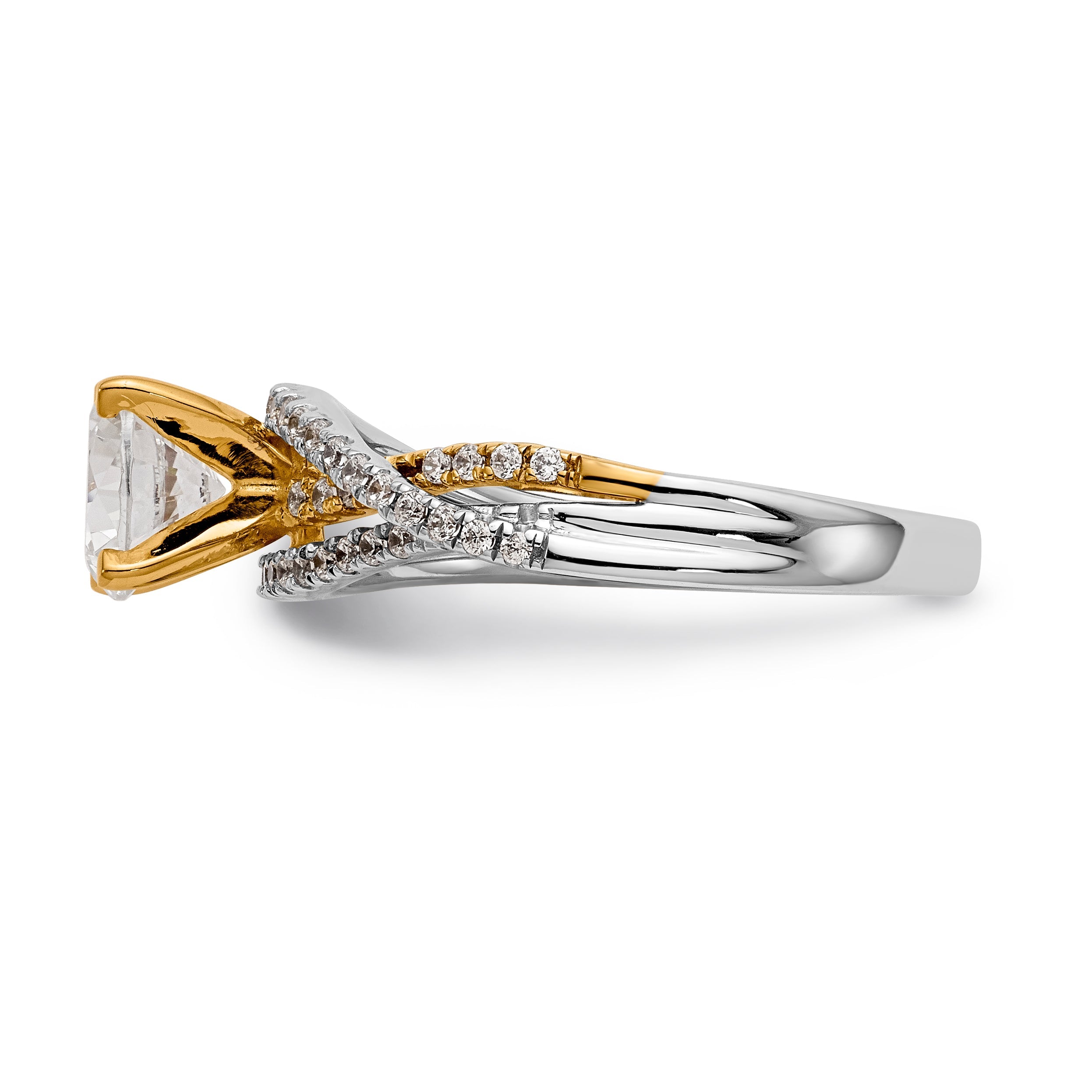 14K Bicolor Verlobungsring mit Zargenfassung und Criss-Cross-Design, besetzt mit Zirkonia