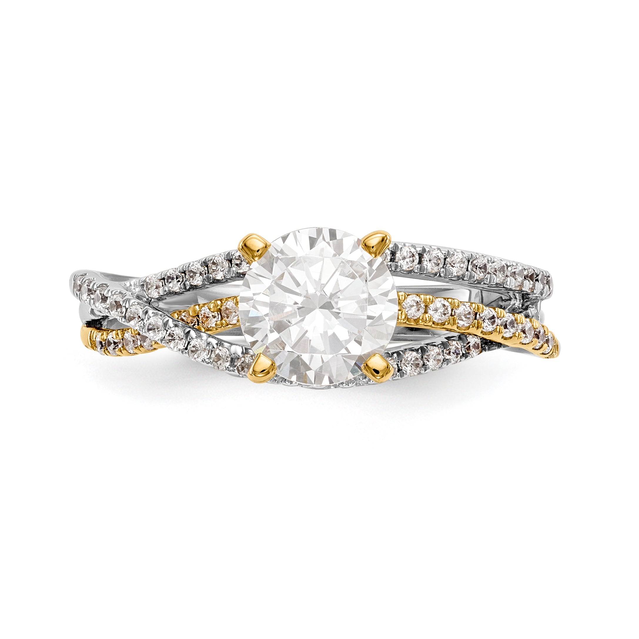 14K Bicolor Verlobungsring mit Zargenfassung und Criss-Cross-Design, besetzt mit Zirkonia