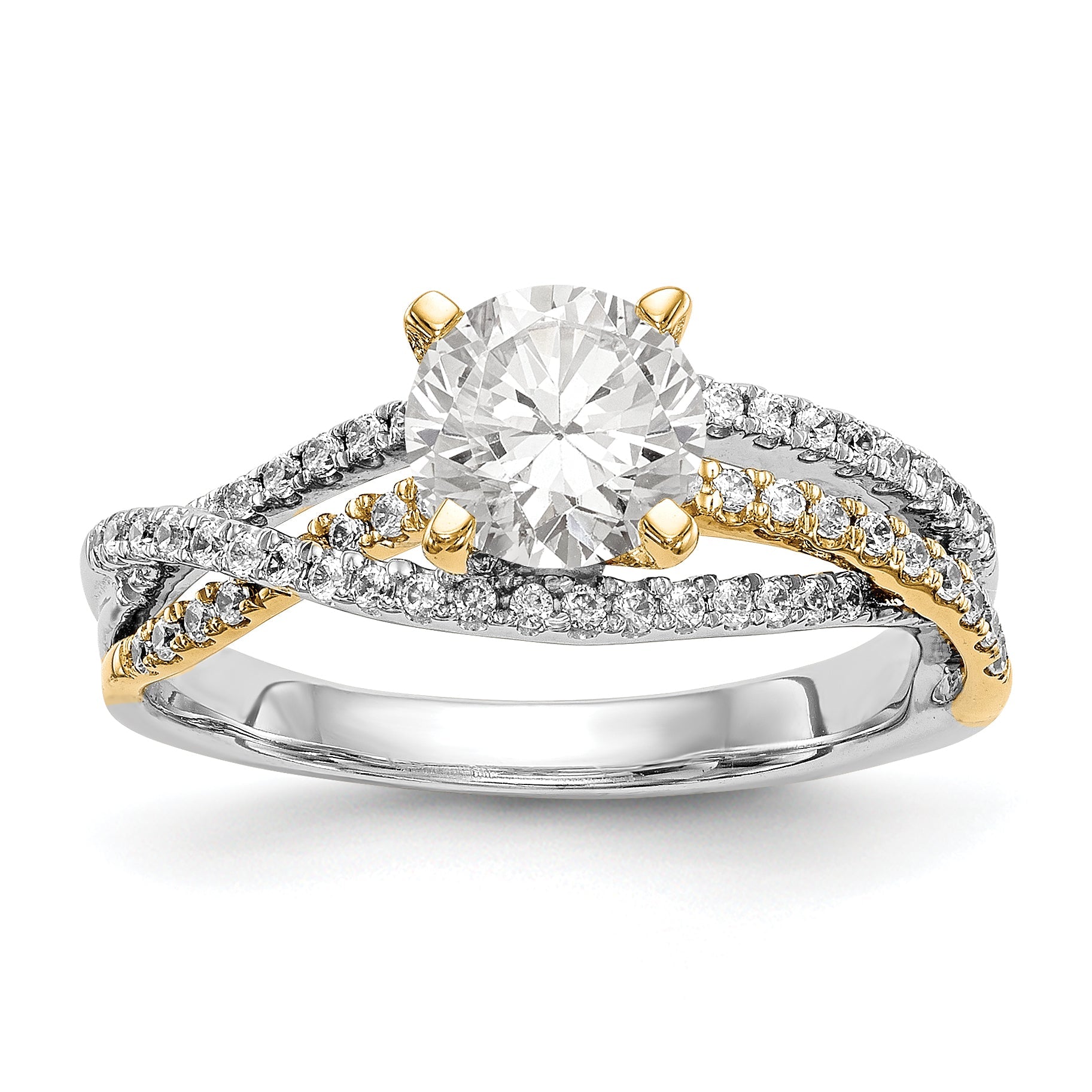 14K Bicolor Verlobungsring mit Zargenfassung und Criss-Cross-Design, besetzt mit Zirkonia