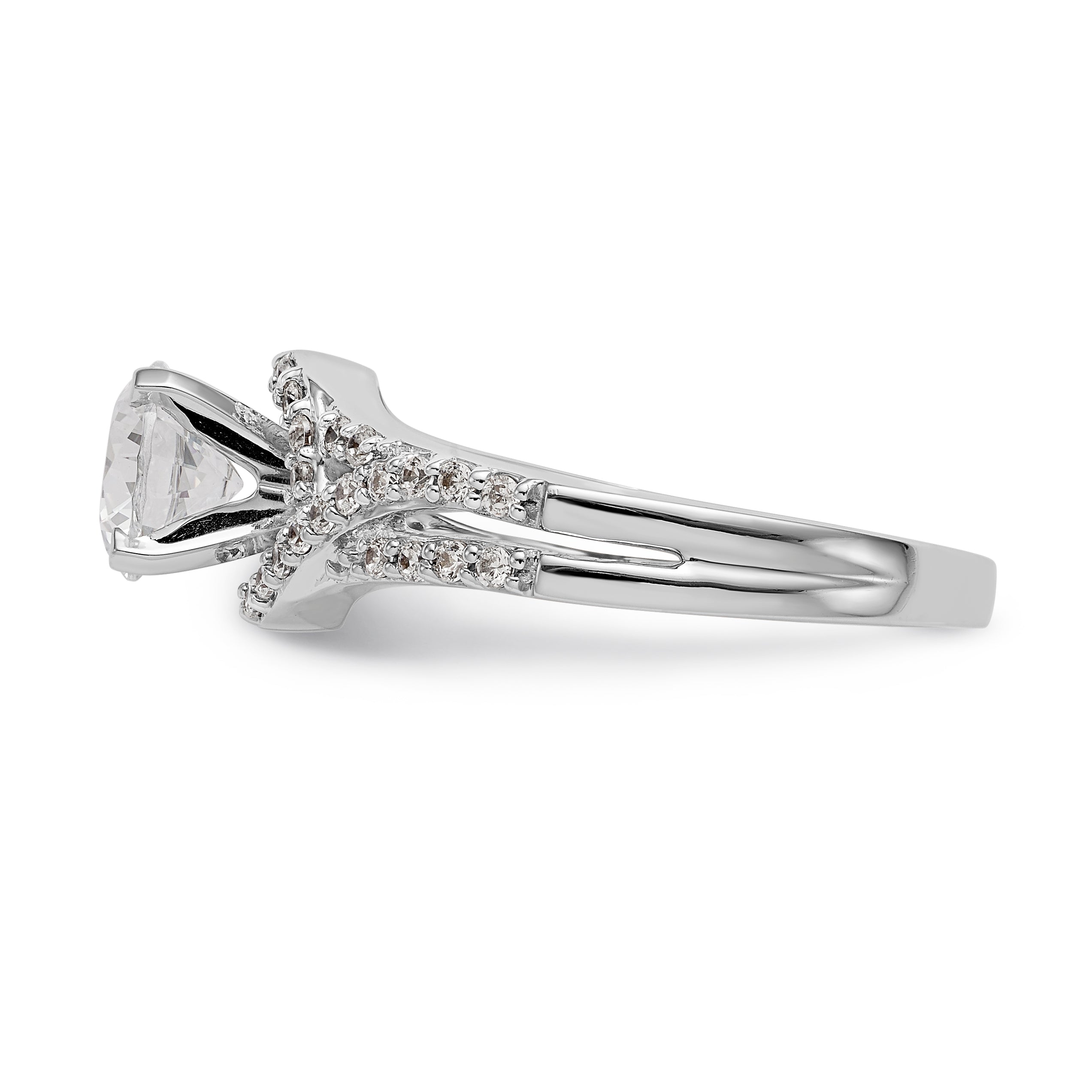 Verlobungsring aus 14K Weißgold mit Krappenfassung und simulierten Diamanten im Criss-Cross-Design