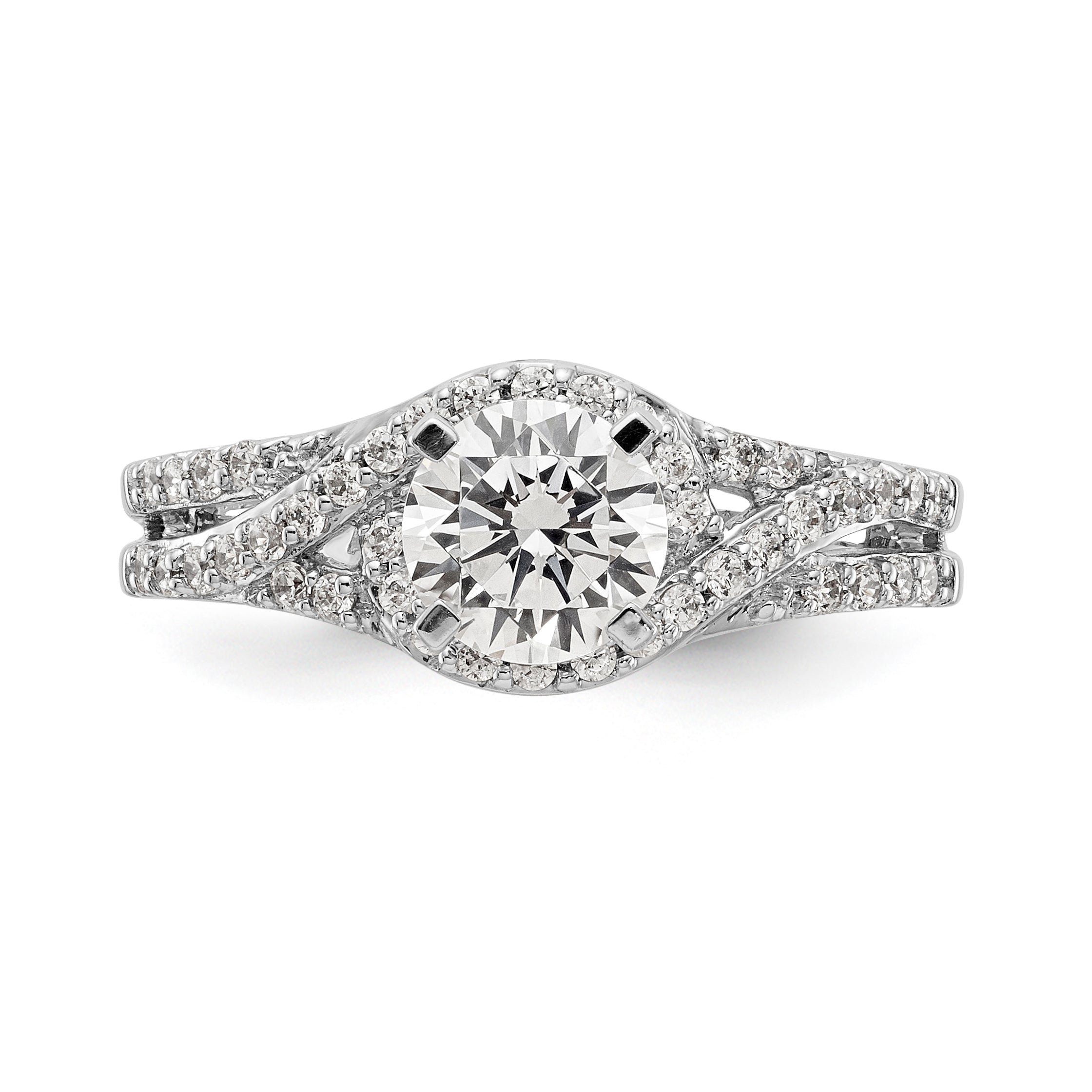 Verlobungsring aus 14K Weißgold mit Krappenfassung und simulierten Diamanten im Criss-Cross-Design