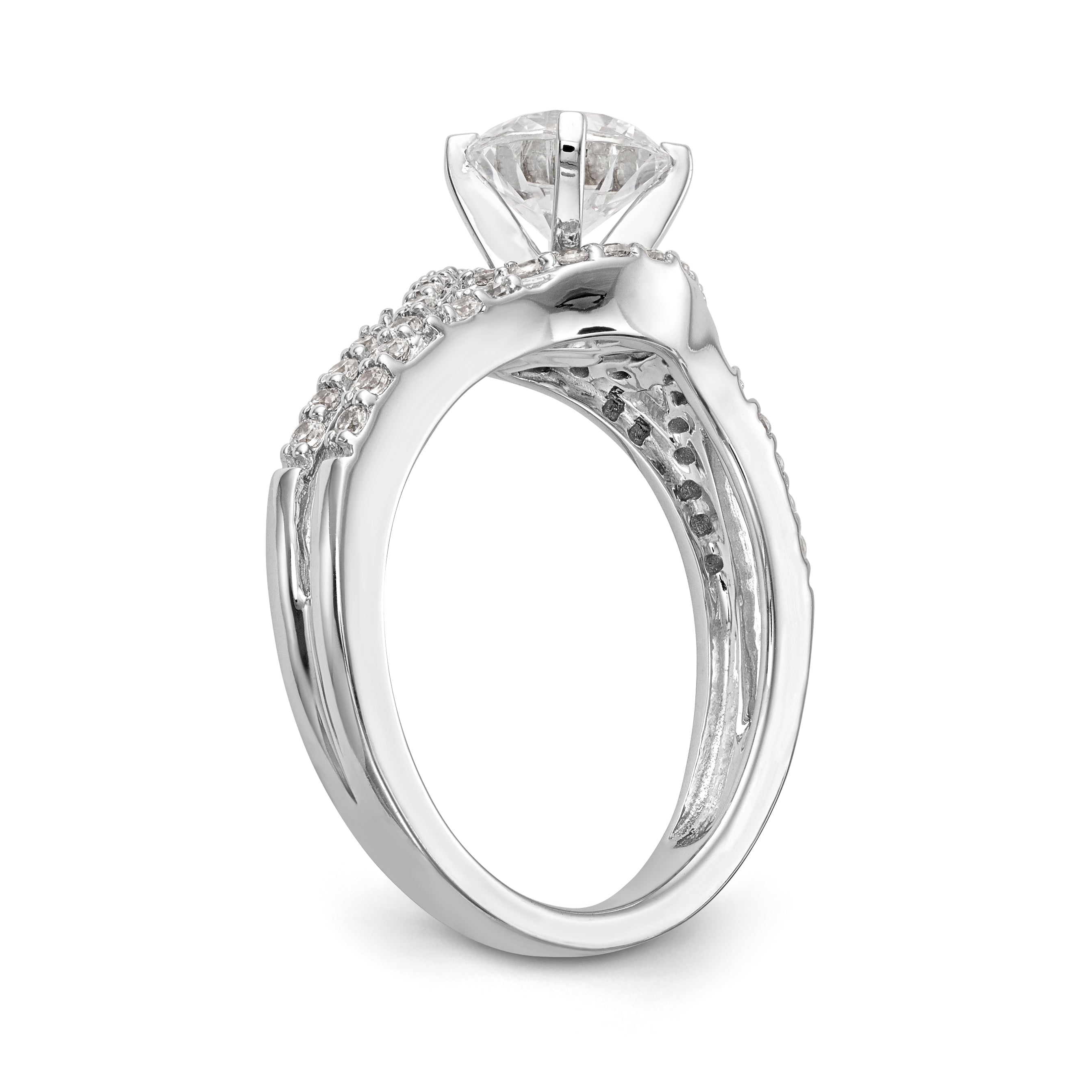 Verlobungsring aus 14K Weißgold mit Krappenfassung und simulierten Diamanten im Criss-Cross-Design