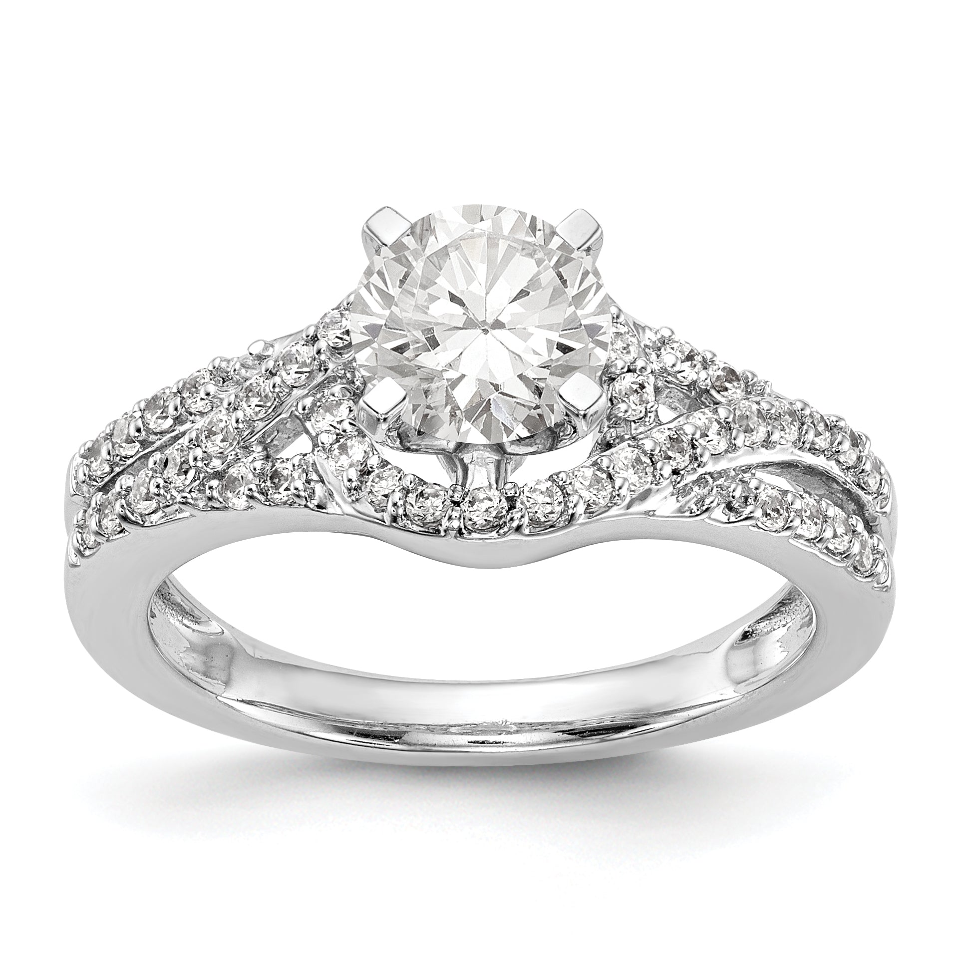 Verlobungsring aus 14K Weißgold mit Krappenfassung und simulierten Diamanten im Criss-Cross-Design