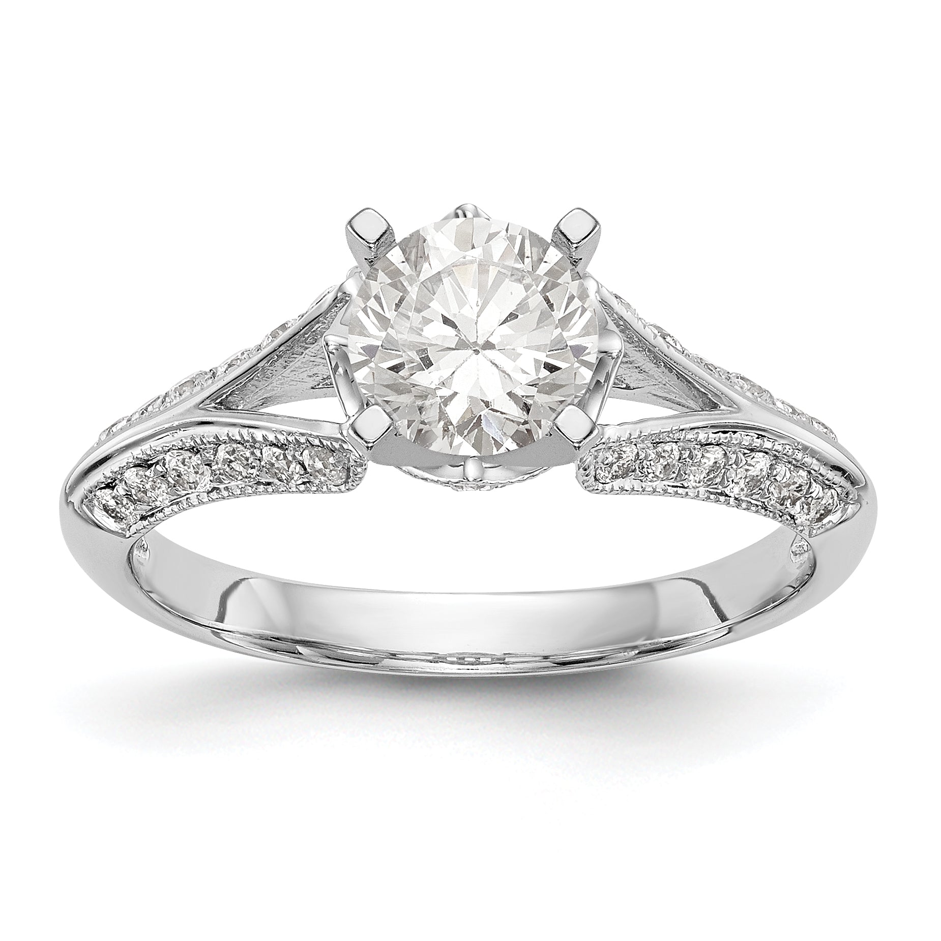 Verlobungsring aus 14 Karat Weißgold mit simuliertem Diamanten im Criss-Cross-Design und Steckfassung