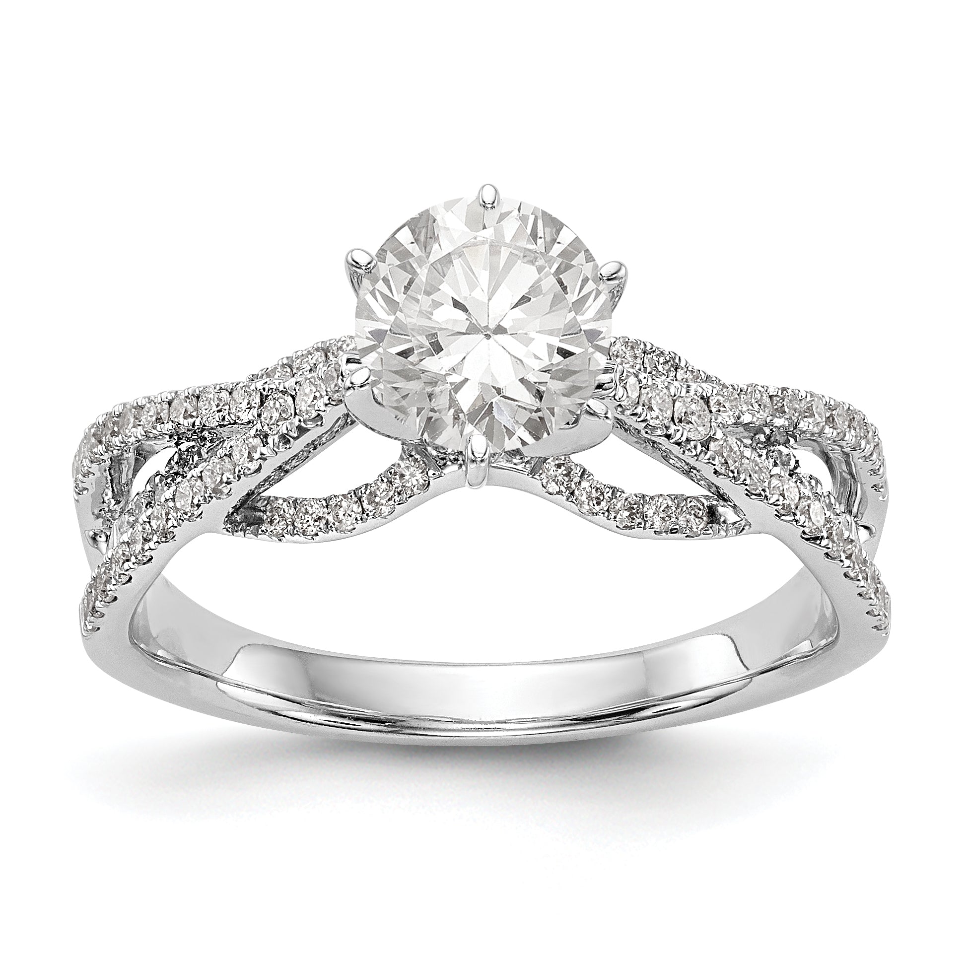 14K Weißgold Verlobungsring mit simulierten Diamanten, Krappenfassung, Criss-Cross-Design