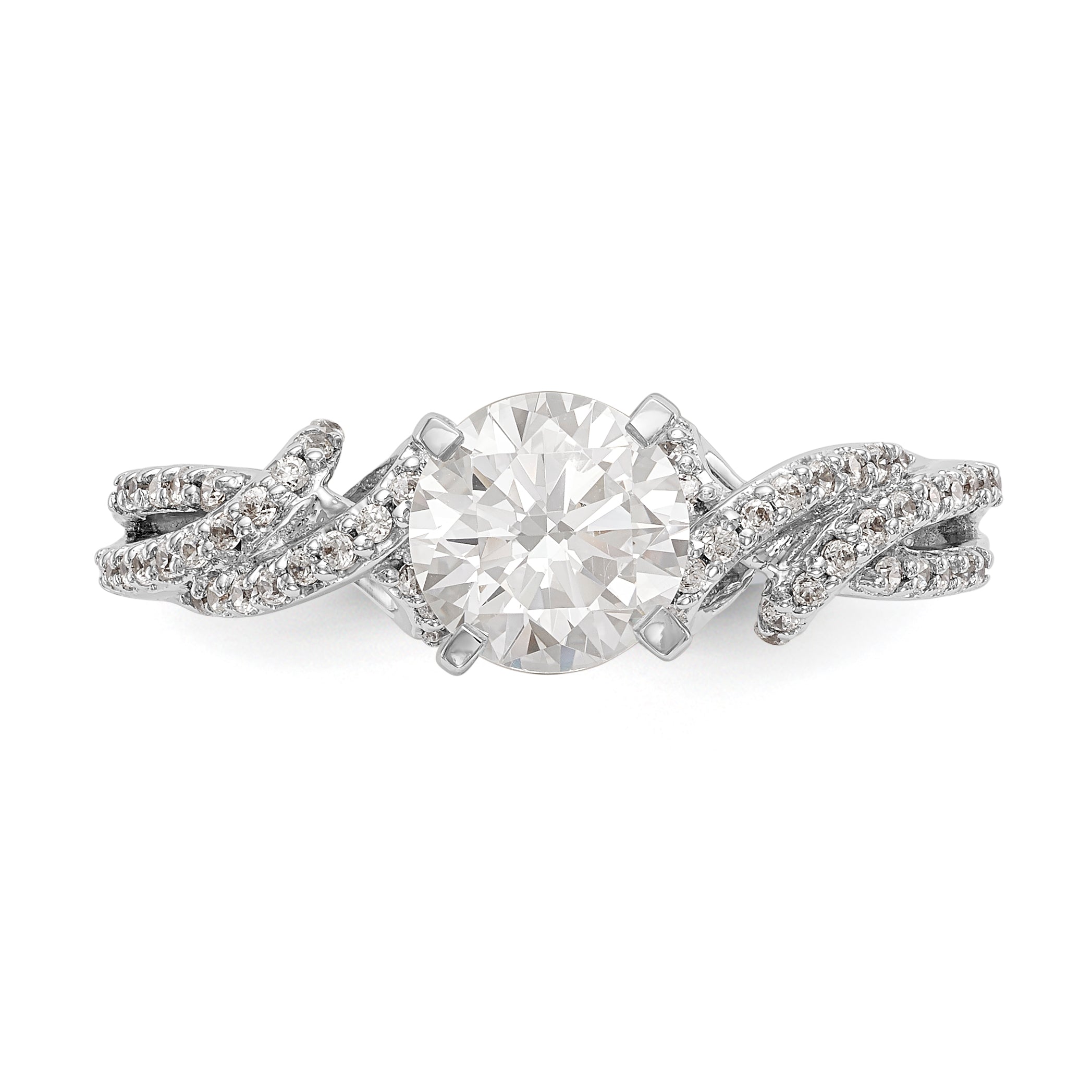 14K Weißgold Verlobungsring mit Krappenfassung und simulierten Diamanten im Criss-Cross-Design