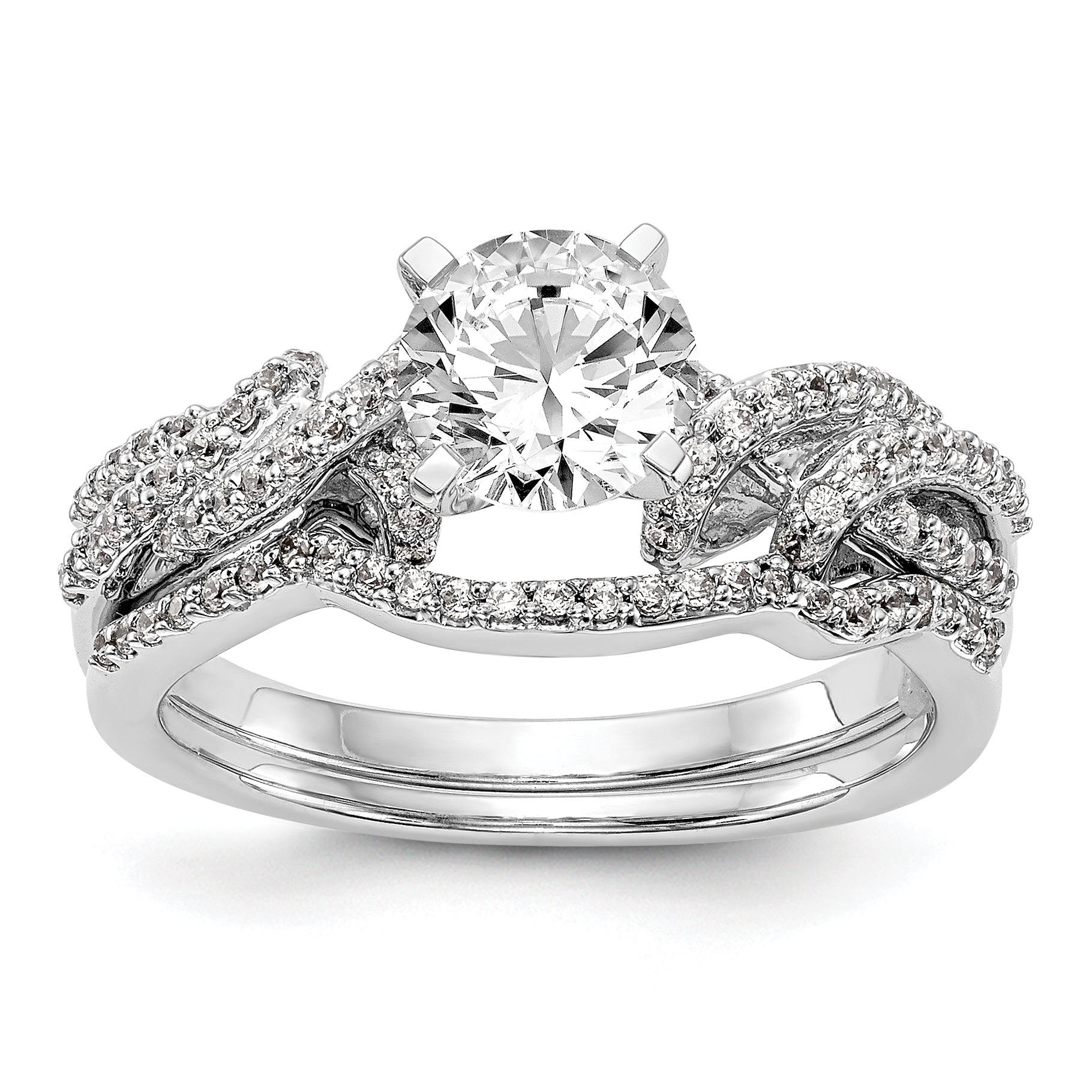 14K Weißgold Verlobungsring mit Krappenfassung und simulierten Diamanten im Criss-Cross-Design