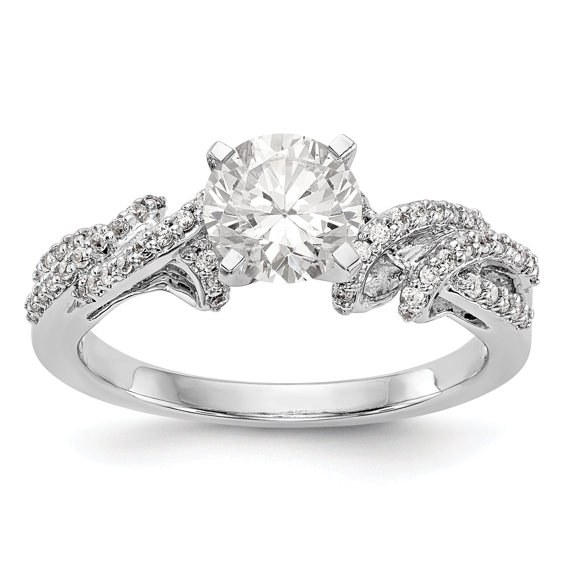 14K Weißgold Verlobungsring mit Krappenfassung und simulierten Diamanten im Criss-Cross-Design