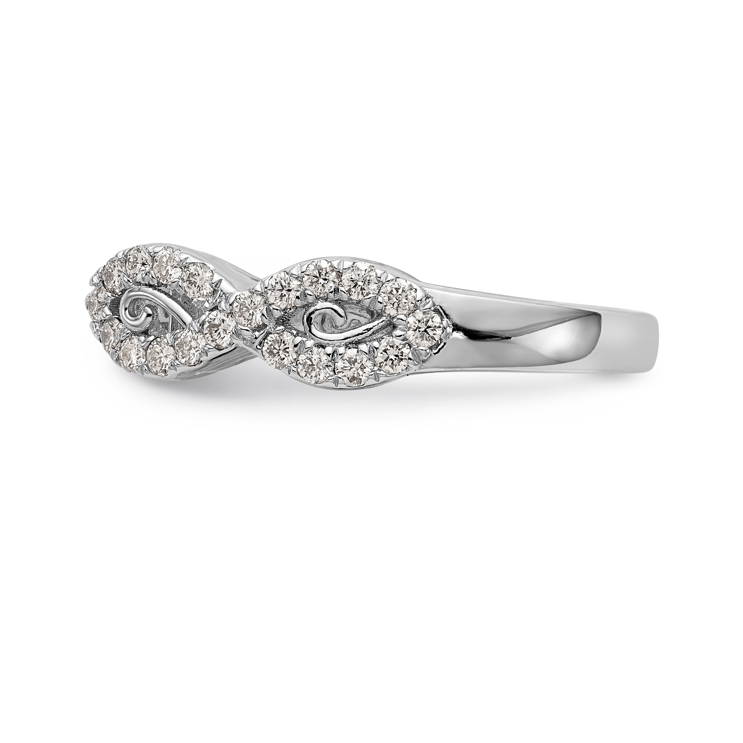 Verlobungsring aus 14 Karat Weißgold mit Krappenfassung, Infinity-Design und simulierten Diamanten