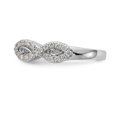 Verlobungsring aus 14 Karat Weißgold mit Krappenfassung, Infinity-Design und simulierten Diamanten