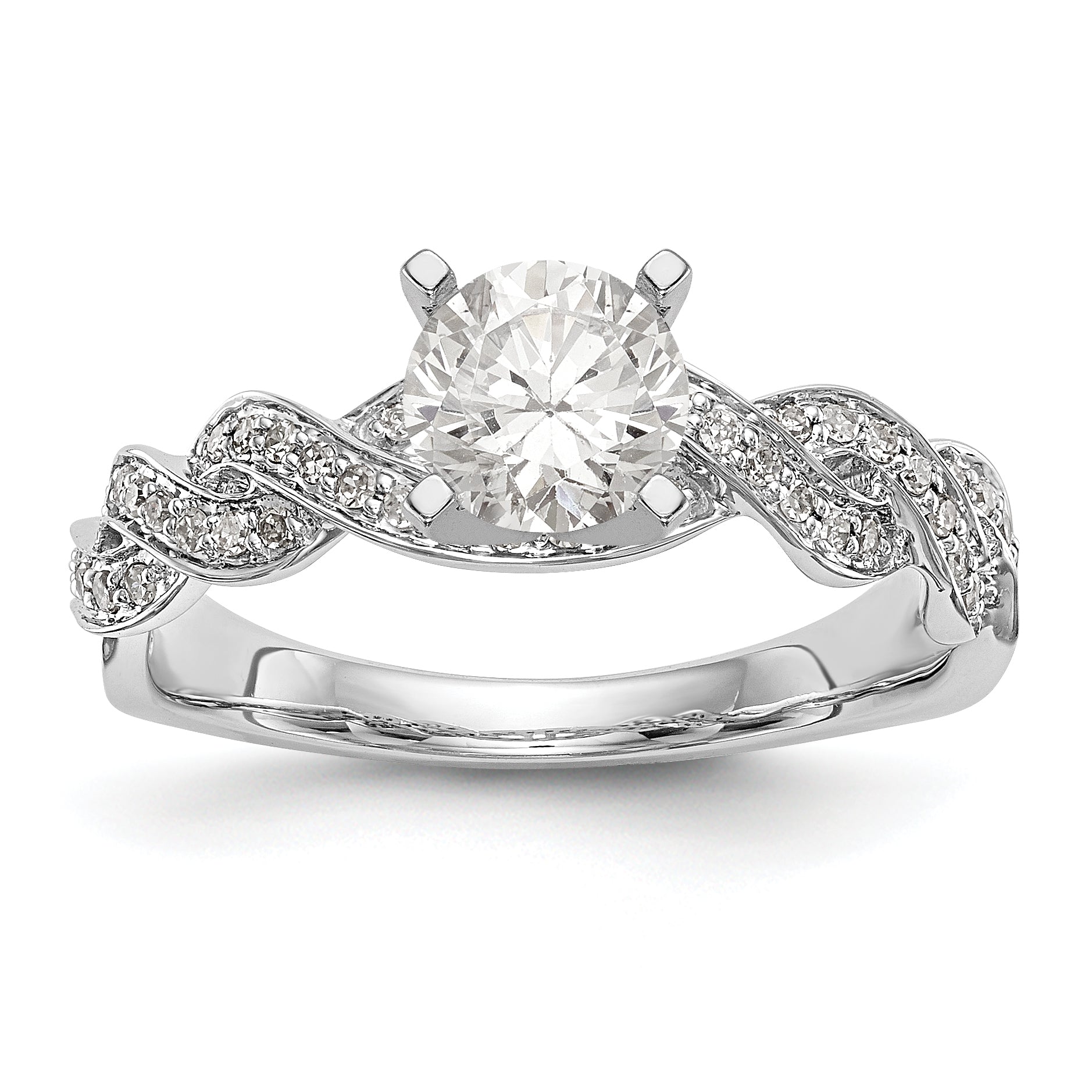 14 Karat Weißgold Verlobungsring mit simulierten Diamanten im Kreuzdesign und Krappenfassung