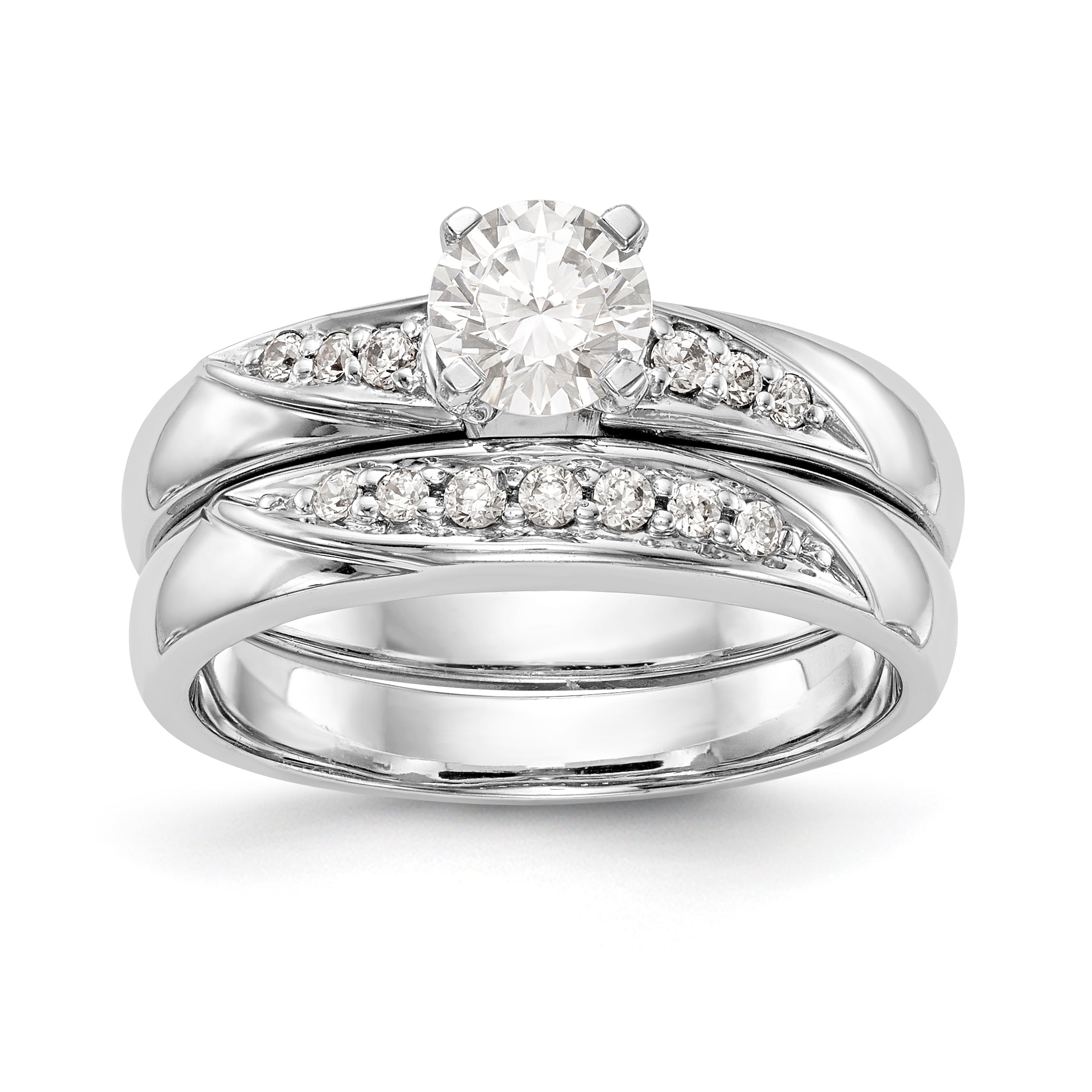 14K Weißgold Verlobungsring-Trio mit rundem simuliertem Diamanten