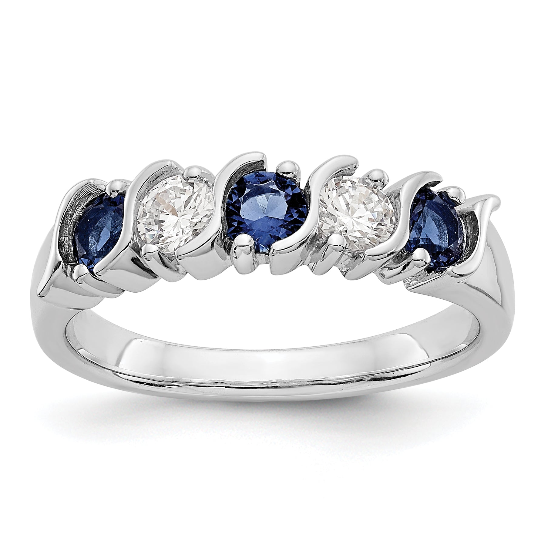 14K Weißgold Ring mit Saphir AA 3,25 mm und 5 Diamanten