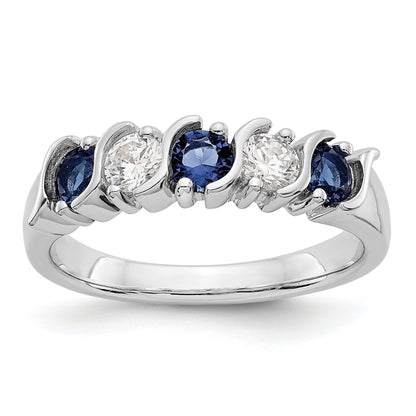 14K Weißgold Ring mit Saphir AA 3,25 mm und 5 Diamanten