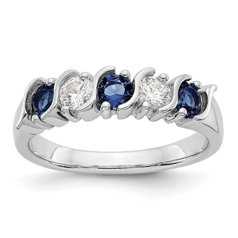 14K Weißgold Ring mit Saphir AA 3,25 mm und 5 Diamanten