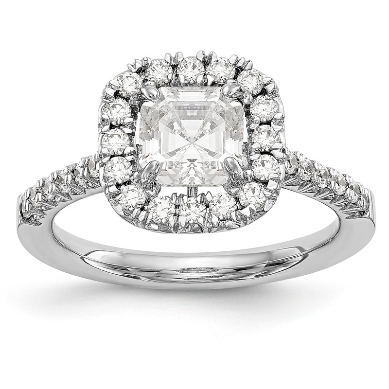 Halbfassung aus 14K Weißgold mit Halo für 0,25 ct. Diamant im Asscher-Schliff, 26 Diamanten mit 0,25 ct. Gesamtgewicht