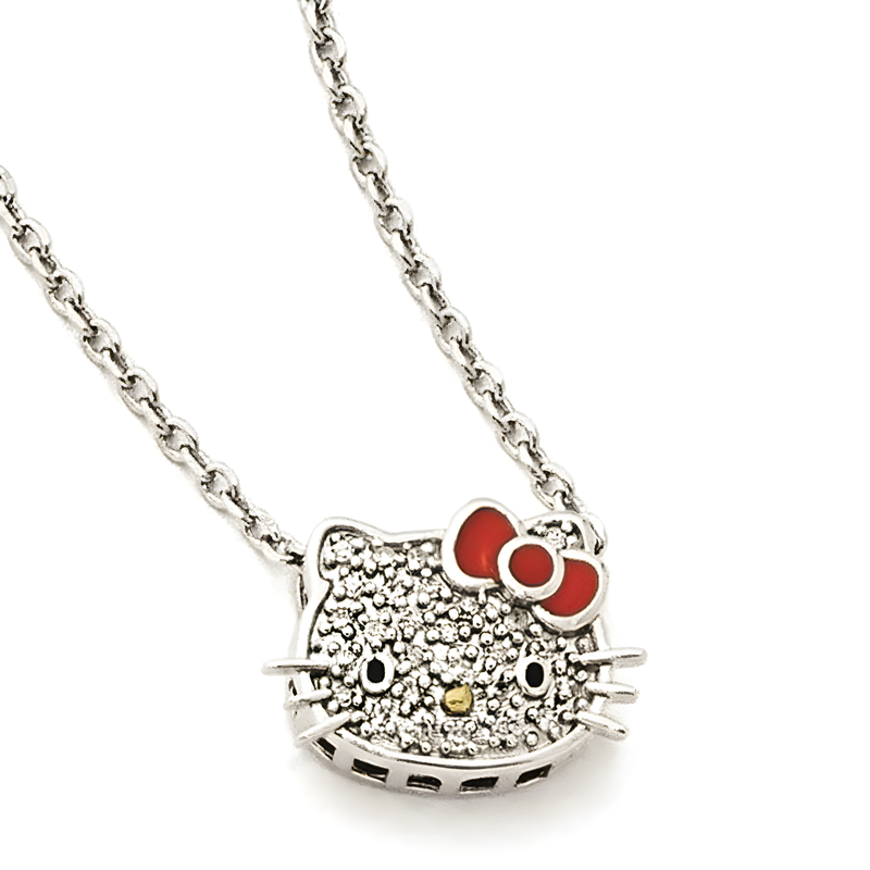 925 Sterling Silber Hello-Kitty-Kollektion Natürlicher Diamant Rote Emaille Anhänger-Halskette 16+2 Zoll