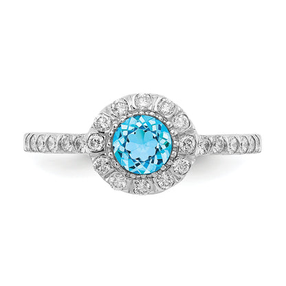 14K Weißgold Ring mit Blautopas im Karo-Schliff, 5 mm, und Diamant