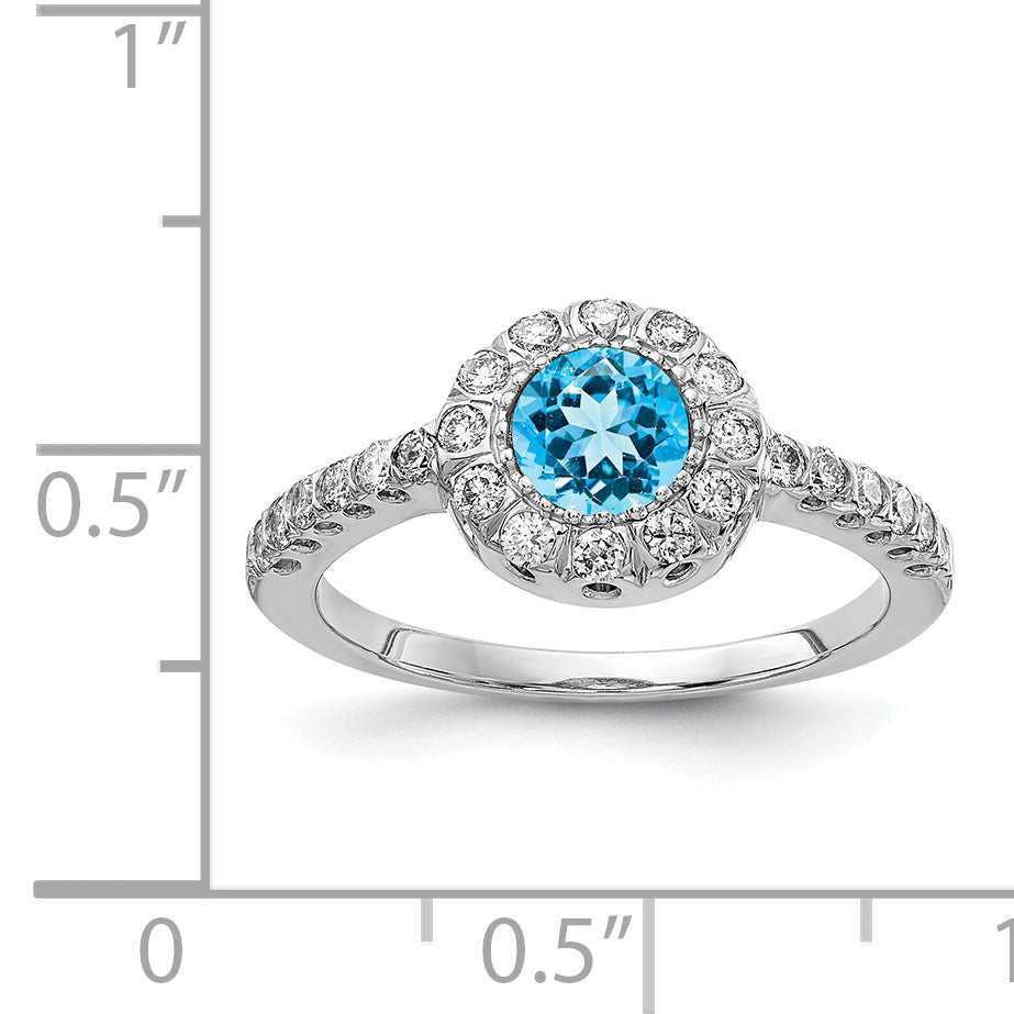 14K Weißgold Ring mit Blautopas im Karo-Schliff, 5 mm, und Diamant