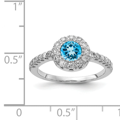 14K Weißgold Ring mit Blautopas im Karo-Schliff, 5 mm, und Diamant