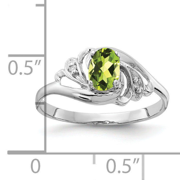 14K Weißgold Ring mit 6x4 mm Peridot im Oval-Schachbrett-Schliff und Diamant