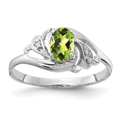 14K Weißgold Ring mit 6x4 mm Peridot im Oval-Schachbrett-Schliff und Diamant