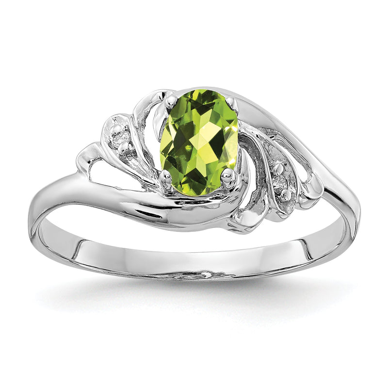 14K Weißgold Ring mit 6x4 mm Peridot im Oval-Schachbrett-Schliff und Diamant