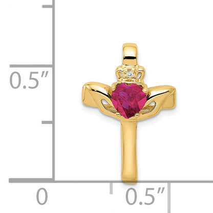 14K 6 mm Claddagh-Anhänger mit Kreuz, gezüchtetem Rubin und Diamant