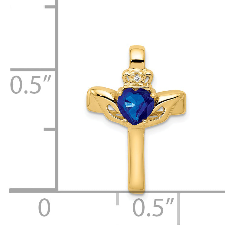 14K Gelbgold Claddagh-Kreuzanhänger mit 6-mm-Saphir und Diamant