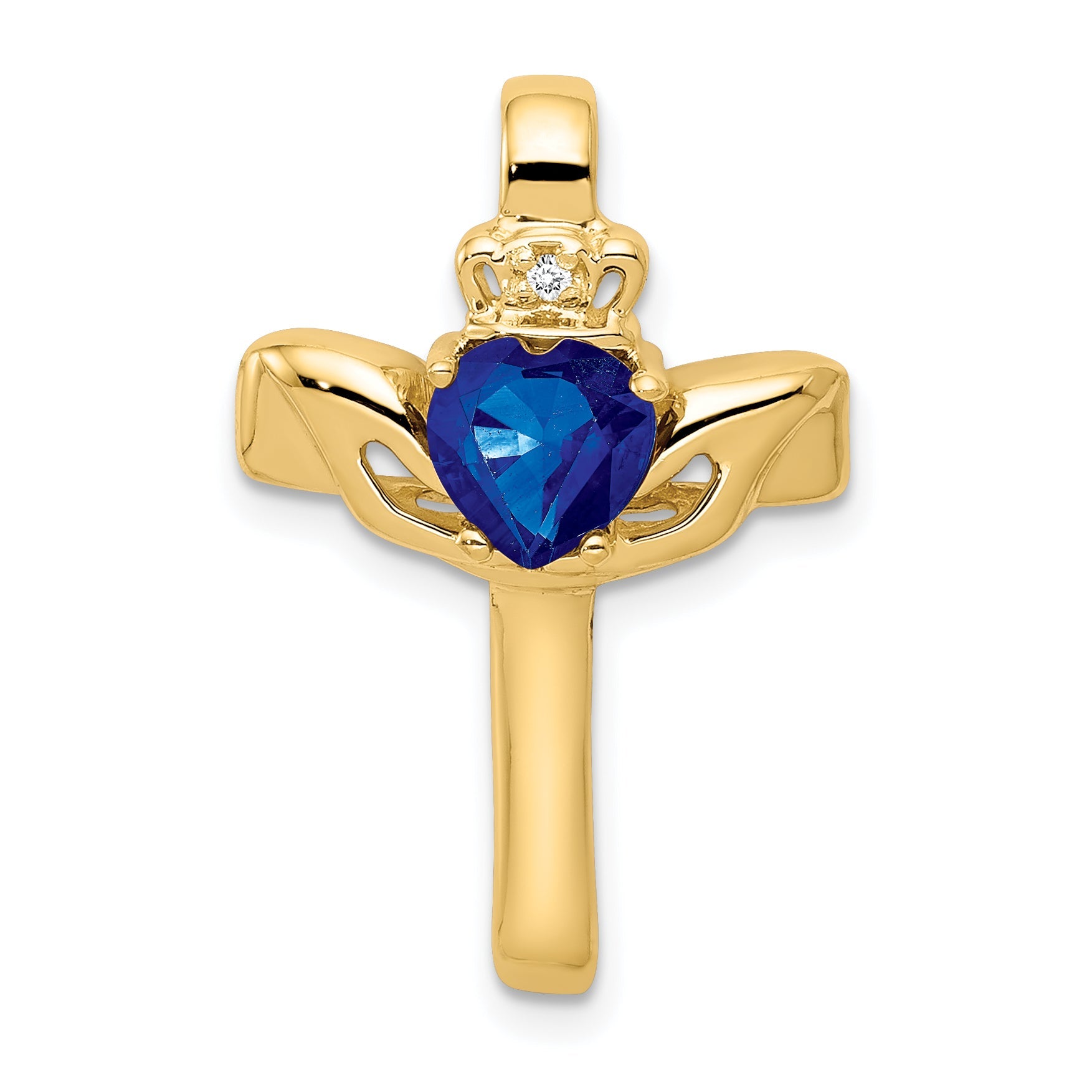 14K Gelbgold Claddagh-Kreuzanhänger mit 6-mm-Saphir und Diamant