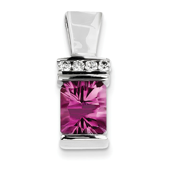 14K Weißgold AA Diamant und lasergeschliffener konkaver rosa Saphir (synthetisch) Slide-Anhänger