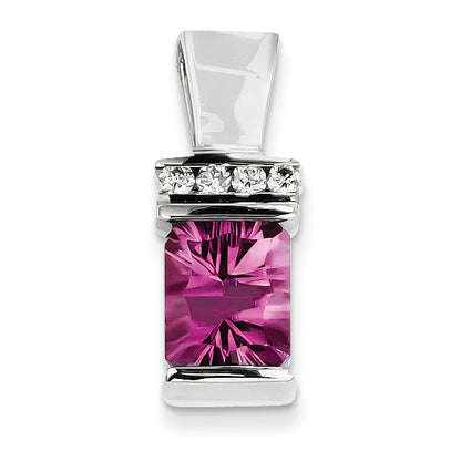 14K Weißgold AA Diamant und lasergeschliffener konkaver rosa Saphir (synthetisch) Slide-Anhänger