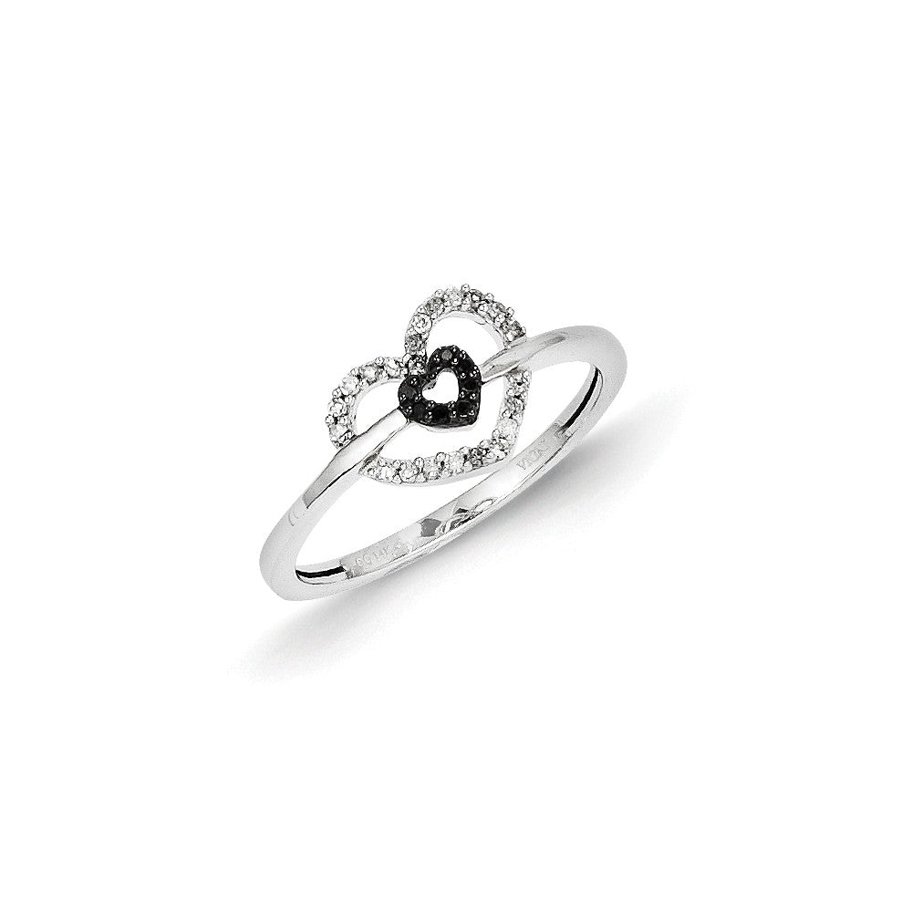 14K Weißgold Schwarz und Weiß Diamant Doppelt Herz Ring