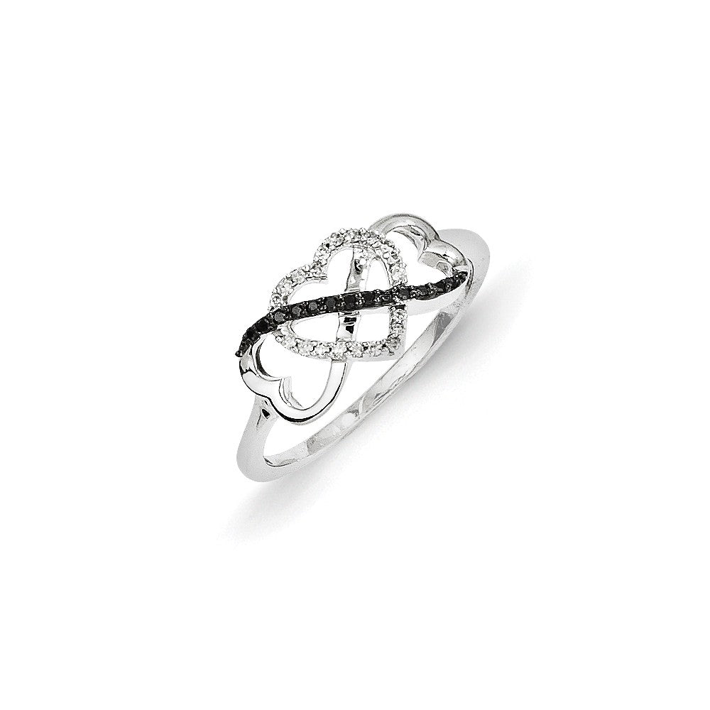 14K Weißgold Schwarz und Weiß Diamant Dreifach Herz Ring