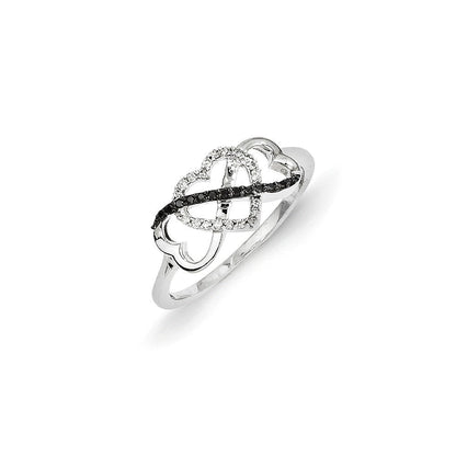 14K Weißgold Schwarz und Weiß Diamant Dreifach Herz Ring