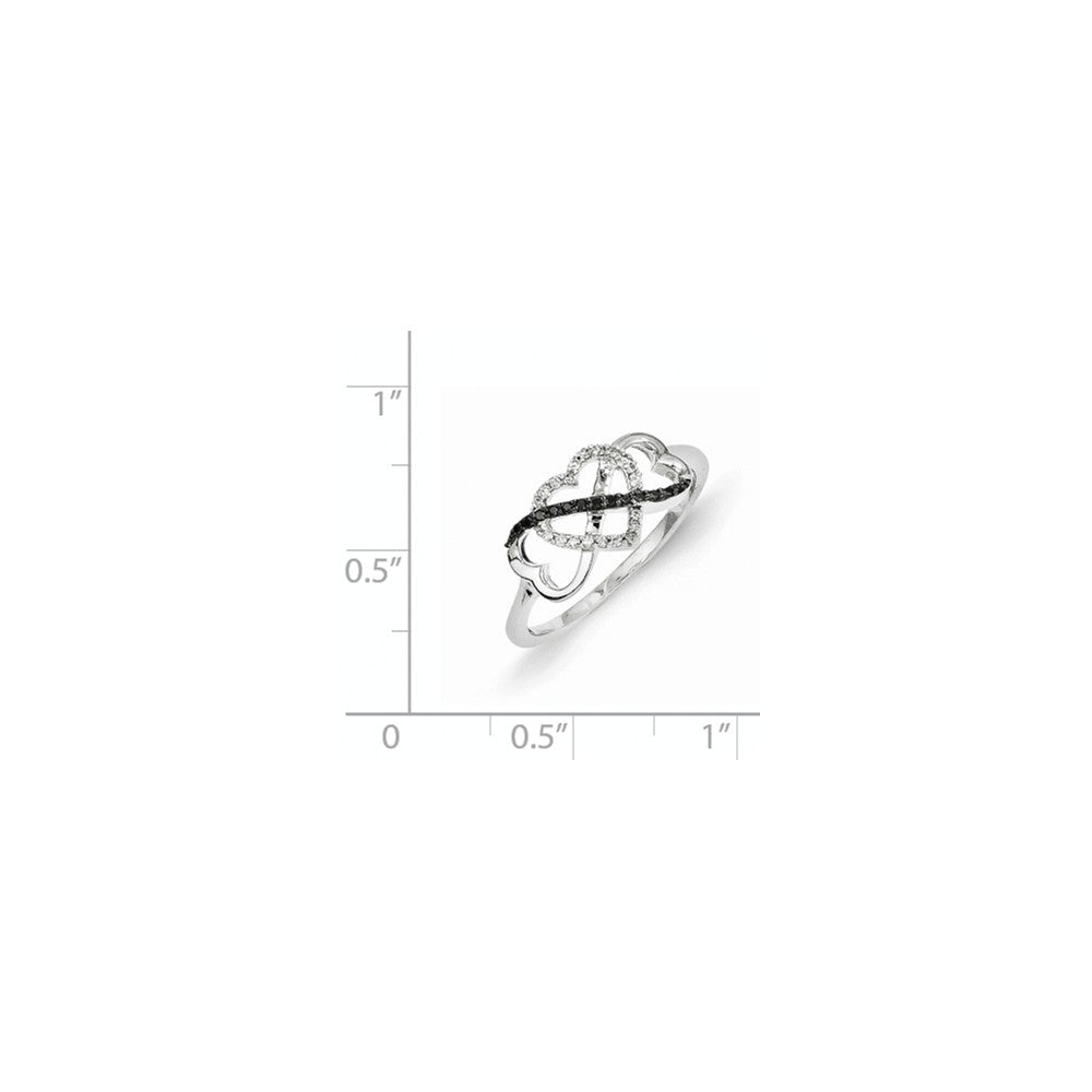14K Weißgold Schwarz und Weiß Diamant Dreifach Herz Ring