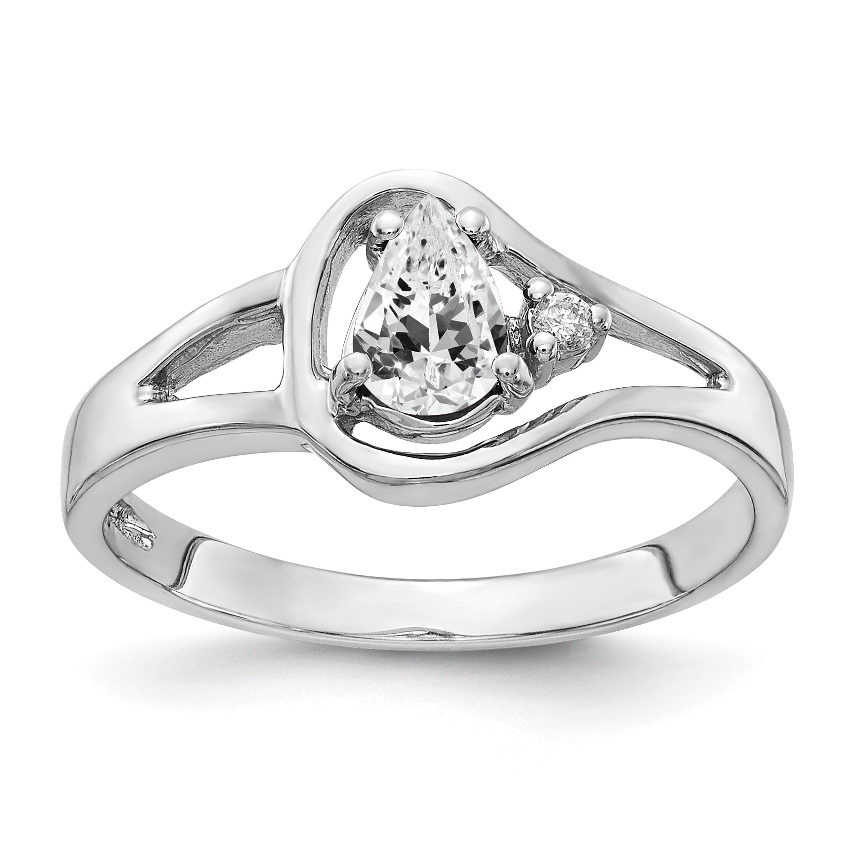 14K Weißgold Ring mit 6x4mm tropfenförmigem Zirkonia AA und Diamant