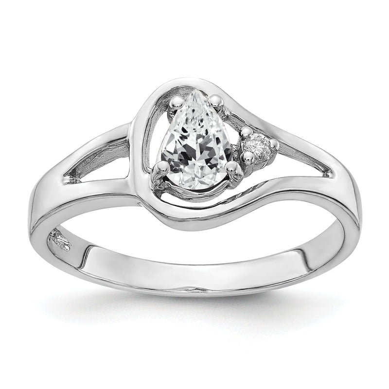 14K Weißgold Ring mit 6x4mm tropfenförmigem Zirkonia AA und Diamant