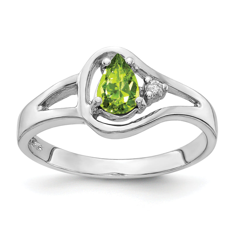 14K Weißgold Ring mit 6x4 mm Peridot im Tropfenschliff und Diamant