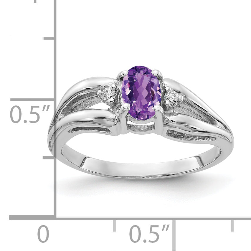 14K Weißgold Ring mit ovalem Amethyst AA 6x4mm und Diamanten